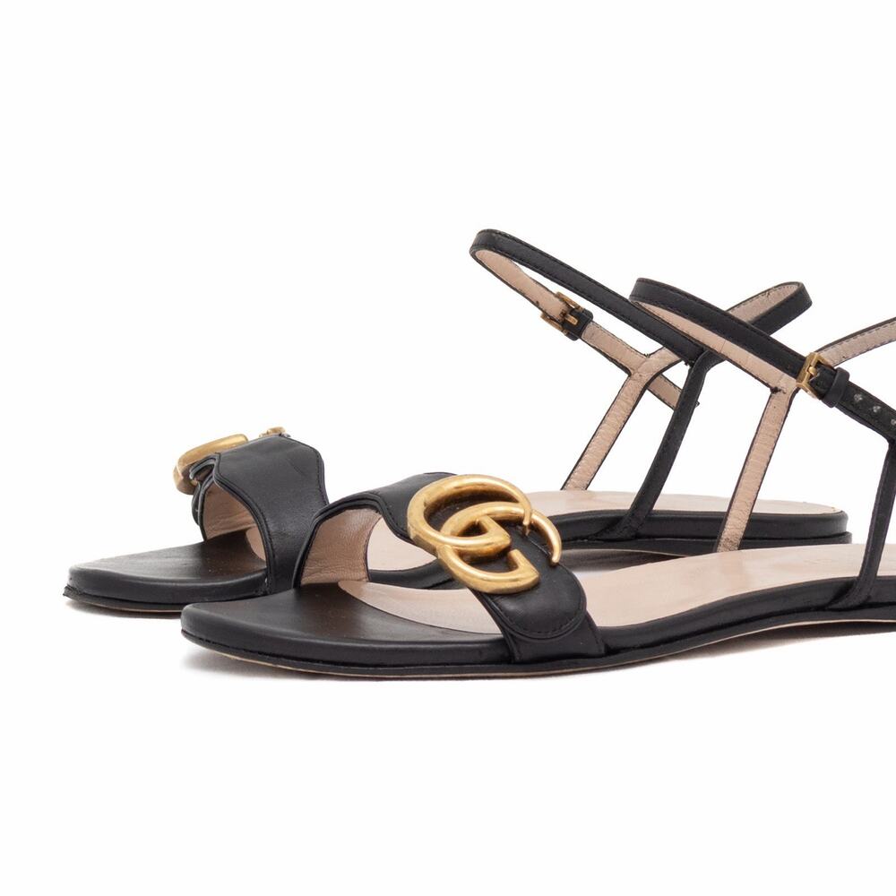 Gucci Black Leather GG Marmont Ankle Strap Flat Sandals Size 35 US 5 - Picture 3 of 16